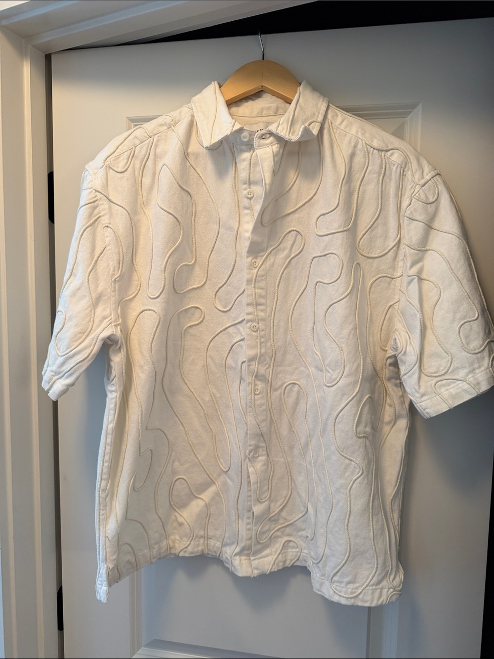 Topman White Short-Sleeve Embroidered Wave Button-Up Shirt